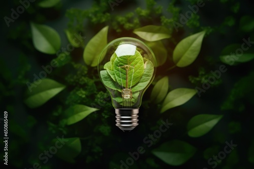 Eco friendly light bulb with green leaves in the background