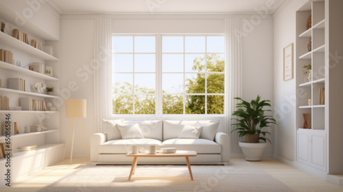 living room interior in white theme with sun light through window with white wall © MT-Gallery 