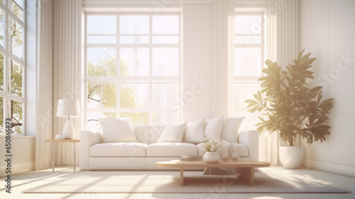 living room interior in white theme with sun light through window with white wall