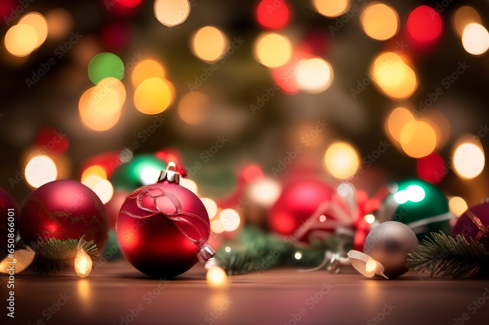 Front view of Christmas balls with a blurred background of multi-colored lights. Background of christmas decoration with copy space. Front view of Christmas balls with a blurred background of multi-colored lights. Background of christmas decoration with copy space.