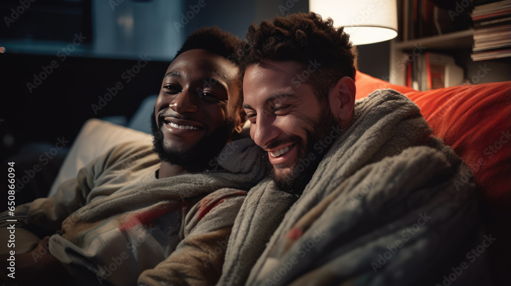 Couple of homosexual men sit on the couch at home and cuddle smiling Couple of homosexual men sit on the couch at home and cuddle smiling
