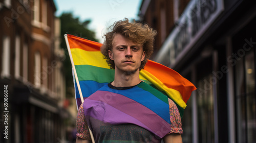 Portrait of a man holding LGBT flag