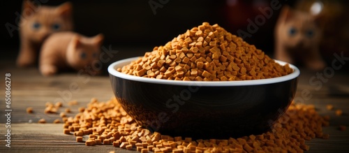 Dry puppy food in granule form shaped like a fish is placed in a bowl on a wooden floor © AkuAku