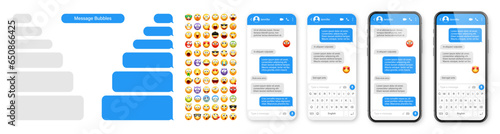 Smartphone messaging app, user interface design with emoji. SMS text frame. Chat screen with blue message bubbles. Texting app for communication. Social media application. Vector illustration