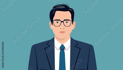 Man in suit vector portrait - Asian businessman face and upper body looking into camera with serious facial expression. Flat design illustration