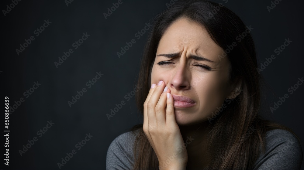 Woman with toothache holds her cheek with painful expression on face, generative ai Woman with toothache holds her cheek with painful expression on face, generative ai