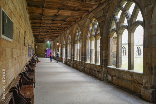 Durham  UK - 12 July  2023  Cloisters and interior lawn of Durham Cathdral  England