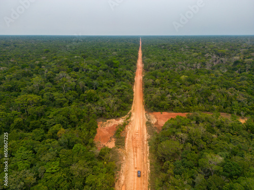 Drone shot of the famous BR-319 in dry season, a dirt road through the Amazon rainforest between Manaus and Porto Velho in Brazil, South America