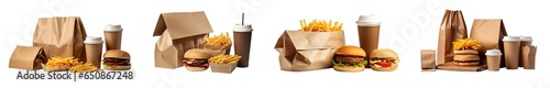 collection of fast food boxes in a recycle pack, delivery advertisement cardboard mockups. coffee cups, hamburgers, french fries, and sandwiches. isolated on white or transparent background .side view