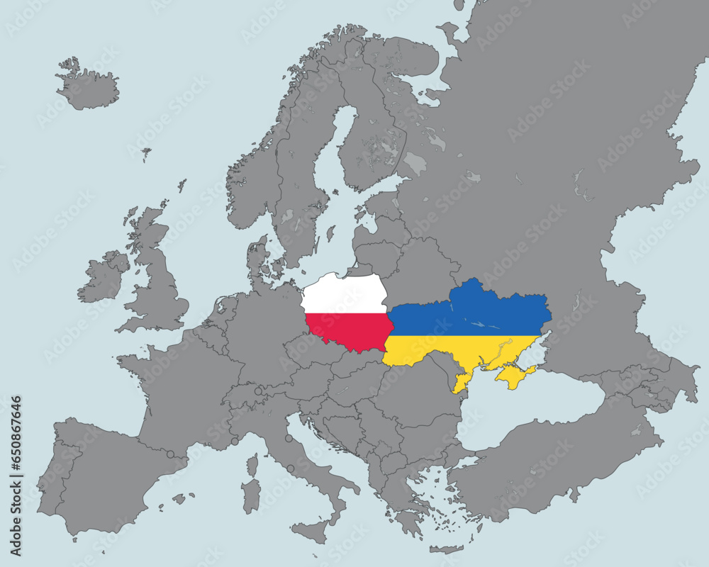 Obraz premium Ukrainian and Polish outline map flag texture on Europe patriotic background. concept of partnership country Poland and Ukraine 