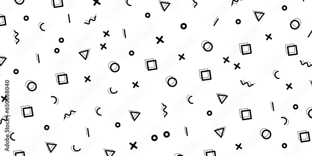 Hipster pattern with black and white geometric forms. Line, square, triangle, circle shape . Retro 80s-90s pattern background. Vector EPS 10