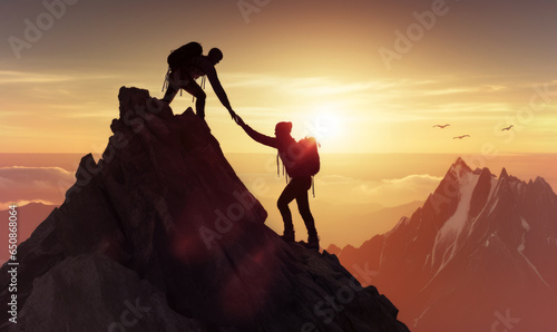 Silhouette of climbing partners buddies helping each other up the summit of a mountain, teamwork cooperation achieving success together AI generated