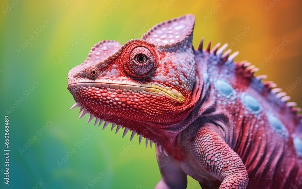 Fototapeta premium Close up chameleon portrait on isolated green background, generative ai