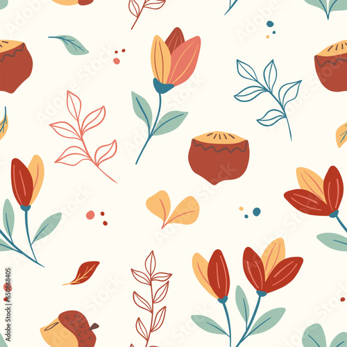 Vector floral seamless pattern with flowers and nuts. Hand drawn eco design for cover, fabric and wrap paper.