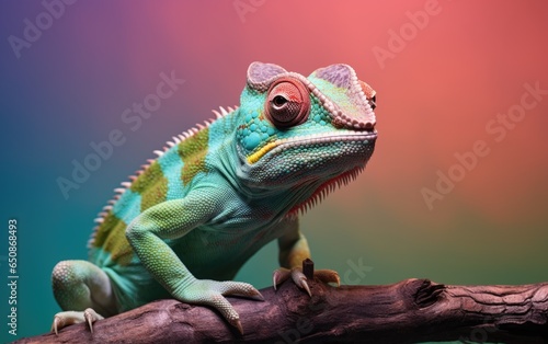 Close up chameleon portrait on isolated green background, generative ai © GulArt