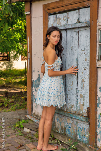 Young beautiful woman in summer dress standing against old door.