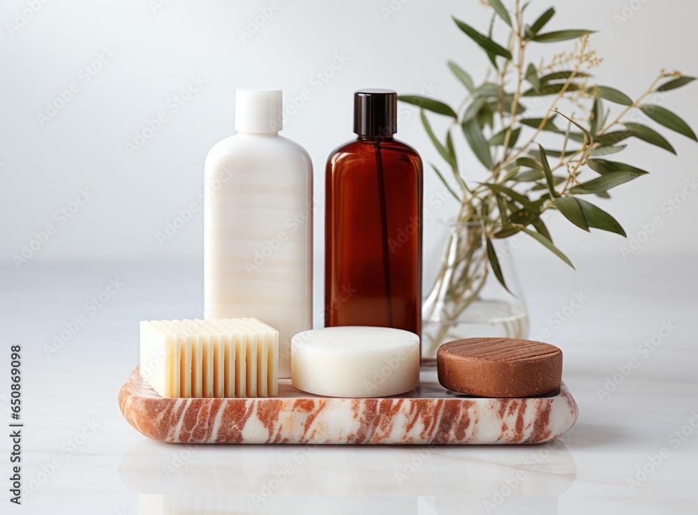 A spa with bar soap and a bottle of oil