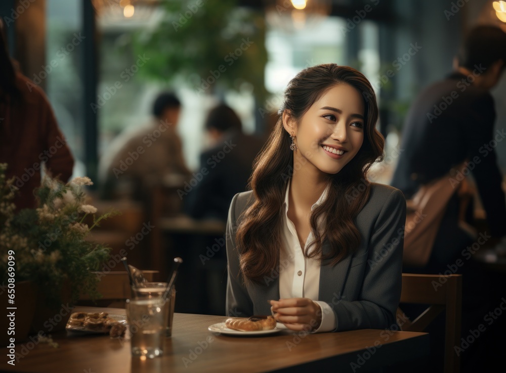 Asian business woman at table in cafe