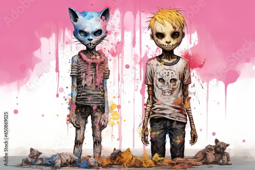neo punk painting style illustration of a young boy with his cat friend, Generative Ai © QuietWord