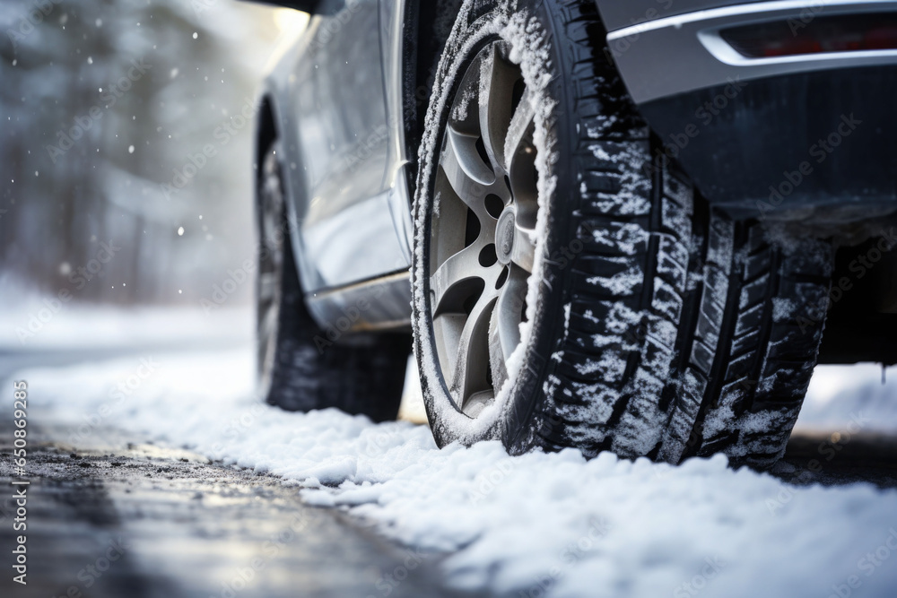 Car tires in winter on the road covered with snow. Generative AI