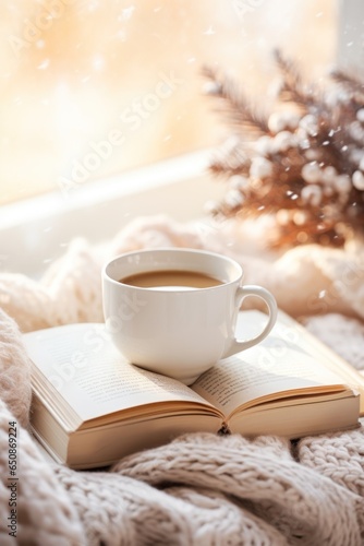 Cozy winter background with cup of coffee
