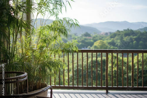 Balcony view of the bamboo forest  blurred mountains in the background. Generative AI