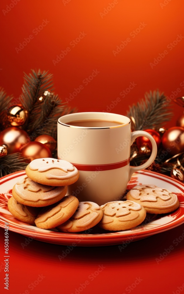 Christmas illustration with coffee and cookies on red table Christmas illustration with coffee and cookies on red table