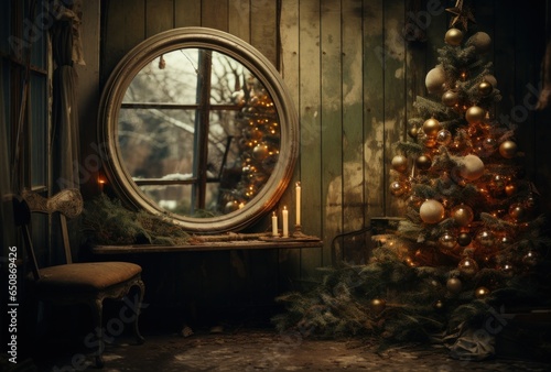 Room in an old house, an old mirror hangs on the wall, in the mirror there is an image of a decorated New Year tree