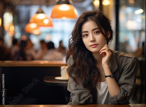 Asian business woman at table in cafe