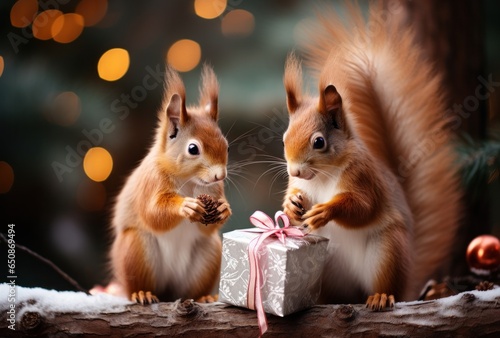 Red squirrels are sitting on the New Year tree, holding small decorated gifts...