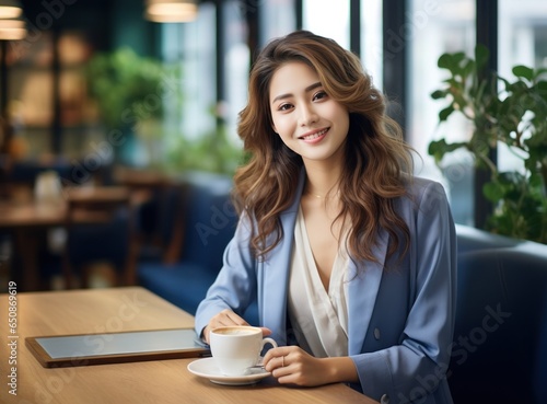 Asian business woman at table in cafe