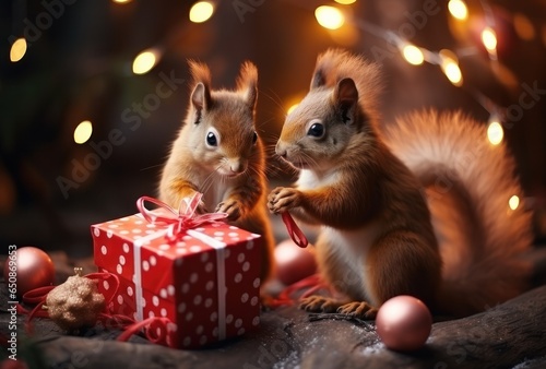 Red squirrels are sitting on the New Year tree, holding small decorated gifts...
