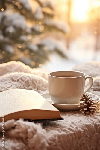 Cozy winter background with cup of coffee