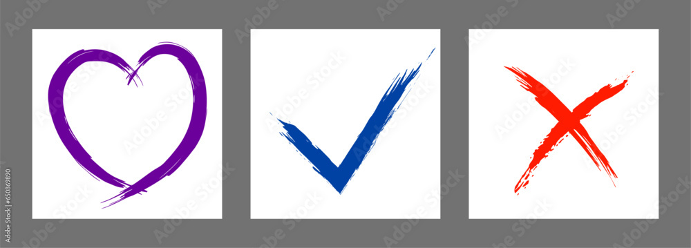 The cross, heart and OK symbol are hand-drawn with a brush. Prohibition, denial, error. Love. Approval, consent. Vector, set of 3 characters The cross, heart and OK symbol are hand-drawn with a brush. Prohibition, denial, error. Love. Approval, consent. Vector, set of 3 characters