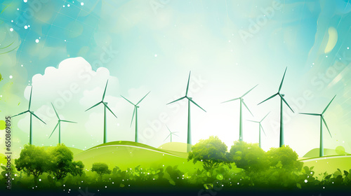 A backdrop showcasing renewable energy sources, featuring wind turbines and solar panels in a green energy setting © Vlad