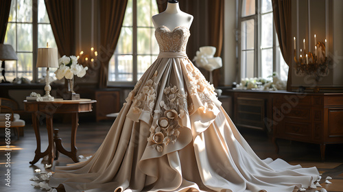 Wedding dress in light room with green plants