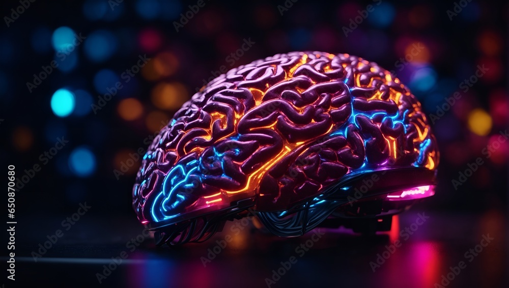 Neon brain on a black background. Created with Generative AI technology Neon brain on a black background. Created with Generative AI technology