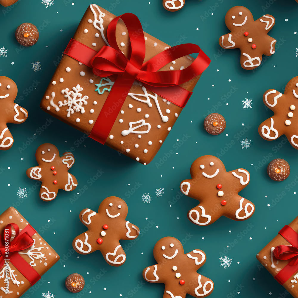 Naklejka premium Traditional gingerbread Christmas cookies cartoon repeat pattern Xmas