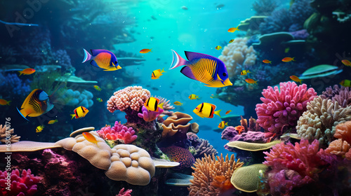 Underwater Scene of Tropical Fish Amidst Vibrant Coral Reefs, Depicting Marine Life