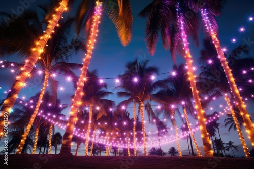 Palm trees decorated with Christmas garland night