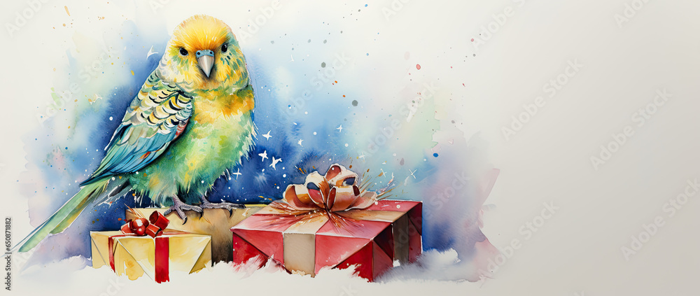 parrot with Christmas presents.