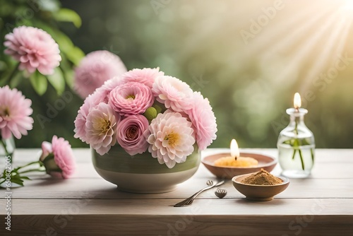 still life with pink flowers and candles