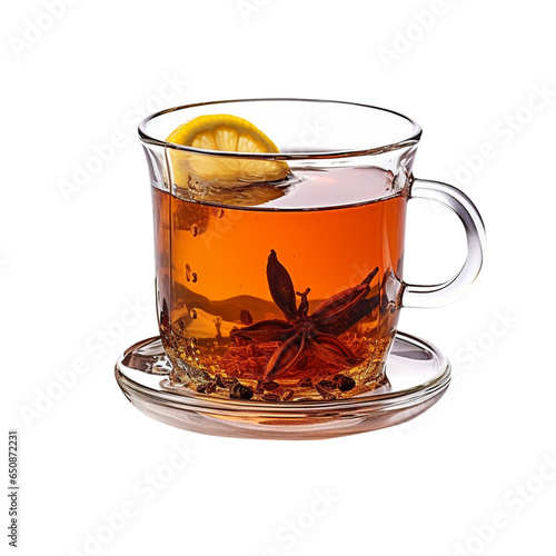 glass cup of hot aromatic tea, green tea, herbal tea, lemon tea with masala and lemon isolated on transparent background, food concept, png file,