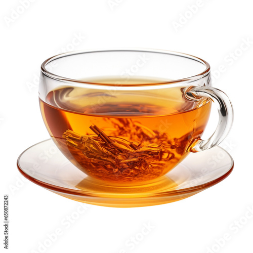 glass cup of hot aromatic tea, green tea, herbal tea, lemon tea with masala and lemon isolated on transparent background, food concept, png file,