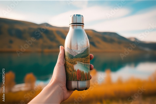 Hand holding a reusable thermo water bottle with nature in the background generative ai photo