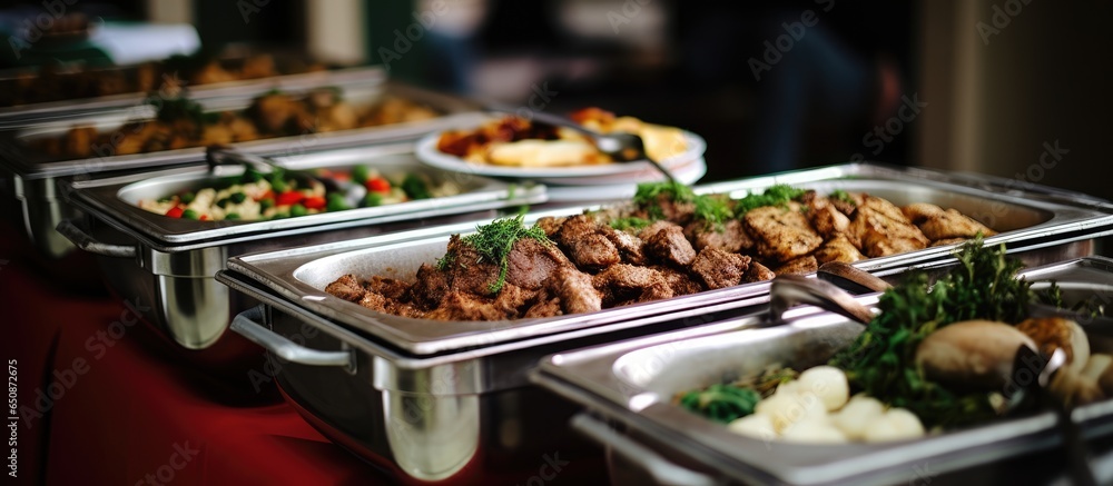 Several savory entrees are served in chafer dishes at a catered event with guests helping themselves - obrazy, fototapety, plakaty 