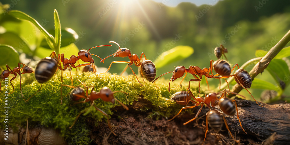 an army of ants working in harmony, carrying food back to their nest, ground level view, warm earth tones - obrazy, fototapety, plakaty 