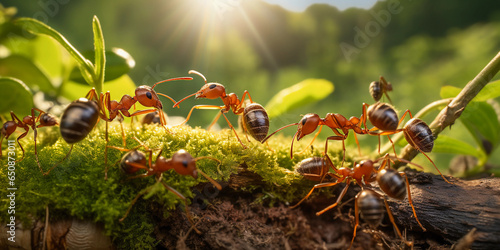 an army of ants working in harmony, carrying food back to their nest, ground level view, warm earth tones photo
