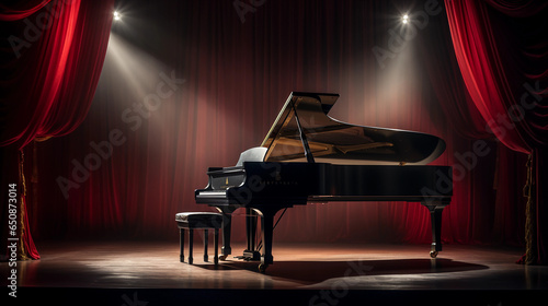 a grand piano, half - open, placed on a wooden stage, spotlight focusing on the keys, with a background of a blurred orchestra, velvety red curtains