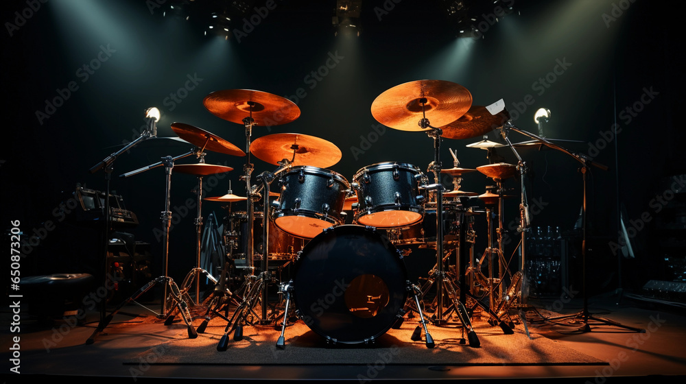 drum set in a recording studio, detailed textures on drum skins, sticks